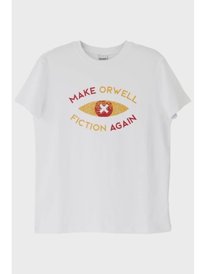 Nuugg Distopya Ilhamlı 'MAKE Orwell Fiction AGAIN' Minimalist Beyaz Tişört
