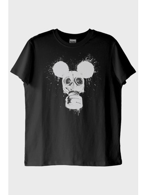 Nuugg Gaz Maskesi ve Mouse Kulakları Tasarımlı Siyah Siyah Tişört