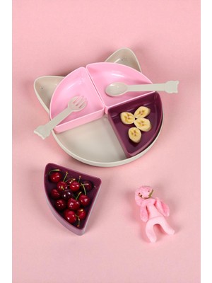 Ironika Kitty 7 Parça Kedicik Model Çocuk Bebek Çatal Kaşık Tabak Yemek Beslenme Seti Mama Tabağı - Pudra