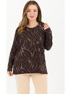 Ravencia Kadın Orta Yaş Ve Üzeri Baskı Desenli Simli Likralı Yırtmaçlı Siyah Anne Penye Bluz