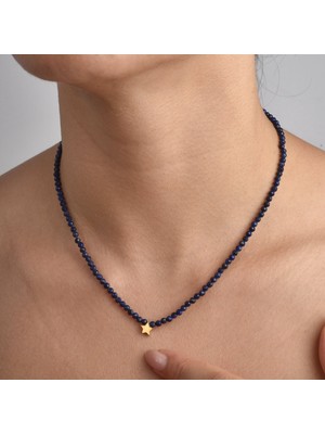14 Ayar Altın Kaplama Lapis Lazuli Doğal Taşlı Yıldız  Gümüş Kolye - NGS00112
