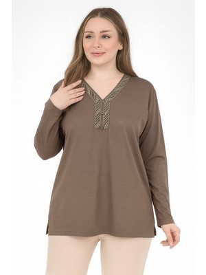 Kadın Orta Yaş ve Üzeri V Yaka Desenli Yırtmaçlı Vizon Anne Penye Bluz