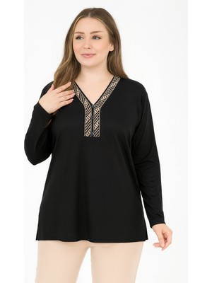 Kadın Orta Yaş ve Üzeri V Yaka Desenli Yırtmaçlı Siyah Anne Penye Bluz