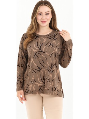 Ravencia Kadın Orta Yaş Ve Üzeri Baskı Desenli Simli Likralı Yırtmaçlı Siyah Anne Penye Bluz