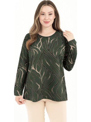 Ravencia Kadın Orta Yaş Ve Üzeri Baskı Desenli Simli Likralı Yırtmaçlı Siyah Anne Penye Bluz