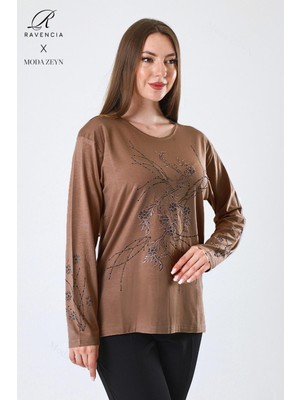 Kadın Orta Yaş ve Üzeri Viskon Yeni Kaplama Desen Taşlı Işlemeli Likralı Kahverengi Anne Penye Bluz