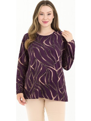 Ravencia Kadın Orta Yaş Ve Üzeri Baskı Desenli Simli Likralı Yırtmaçlı Siyah Anne Penye Bluz