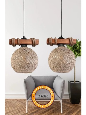 2 Ad Ahşap Halatlı Balle Jüt Küre Top Tekli Sarkıt Avize
