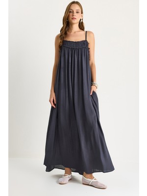 Kadın Ince Askılı Büzgülü Cep Detaylı Astarlı Ince Pamuklu Elbise