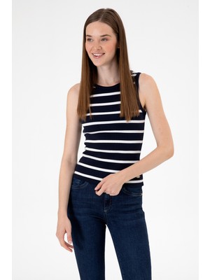 U.S. Polo Assn. Kadın Lacivert Çizgili Kolsuz Bisiklet Yaka Tişört 50307275-VR033