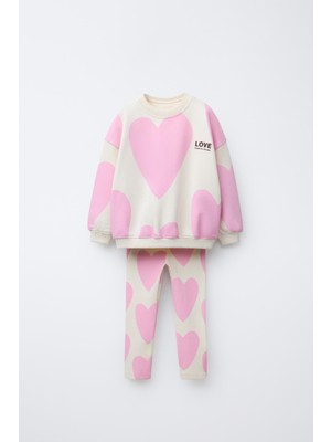 Kız Çocuk Pamuklu Ekru Pembe Kalp Desenli Sweatshirt ve Tayt Takım - Love