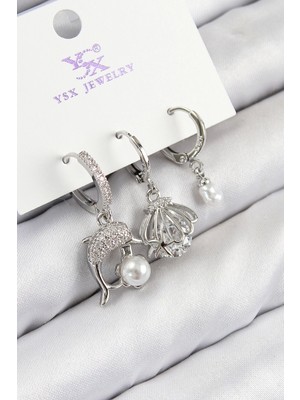 Bfs Pirinç Zirkon Taşlı 3'lü Yunus Balığı ve Istiridye Model Gümüş Renk Kadın Küpe