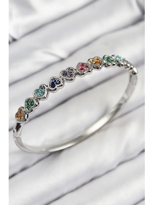 Bfs Pirinç Renkli Zirkon Taşlı Sıralı Kalp Model Gümüş Renk Kadın Kelepçe