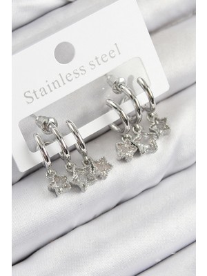 Bfs Pirinç Zirkon Taşlı Sallantılı Yıldız Model Gümüş Renk Kadın Küpe