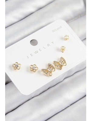 Bfs Pirinç Zirkon Taşlı Kelebek Model Gold Renk 925 Ayar Gümüş Çivi Kadın Küpe Set