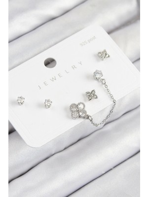 Bfs Pirinç Zirkon Taşlı Yonca Model Gümüş Renk 925 Ayar Gümüş Çivi Kadın Küpe Set