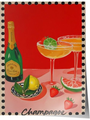 Çerçevesiz Poster, Şampanya Kadehi – Retro Illüstrasyon, Mutfak Dekoru Poster No: 109708