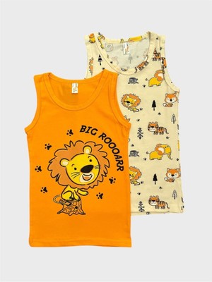 Erkek Çocuk Pamuklu Turuncu Krem Rengi Aslan Desenli 2 Li Atlet Takımı