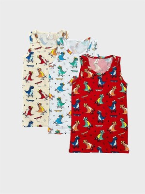 Erkek Çocuk Pamuklu Kırmızı Beyaz Ekru Renk Dinozor Desenli 3 Lü Atlet