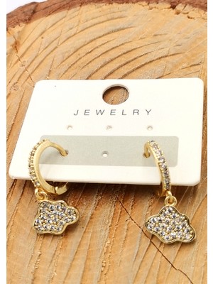 Gold Renk Figürlü Üçlü Zirkon Taşlı Lüks Küpe