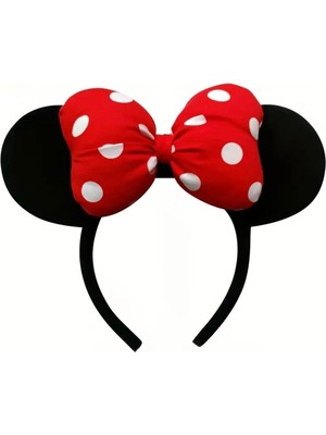 Minnie Mouse Tarzı Kırmızı Puantiyeli Kurdeleli Kulaklı Taç – Çocuk & Yetişkin Uyumlu