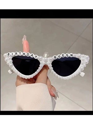 Birthday Queen Yazılı Doğum Günü Partileri Için Inci Süslemeli Beyaz Gözlük