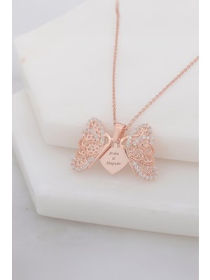 Rose Renk Beyaz Zirkon Taşlı İsimli Kelebek Gümüş Bayan Kolye