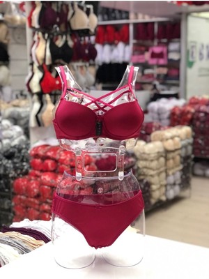 Iç Giyim Ebru Destekli Silikonlu Tulumlu Çapraz Sütyen ve Külot Takım (Sütyen Yıkama Topu Hediyeli)