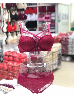 Iç Giyim Ebru Desteksiz Silikonlu Dantel Çapraz Sütyen ve Külot Takım (Sütyen Yıkama Topu Hediyeli)
