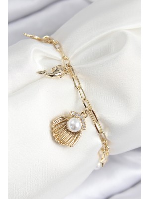 Pirinç Zirkon Taşlı Incili Istiridye Model Gold Renk Kadın Bileklik