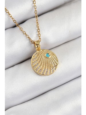 316L Çelik Zirkon Taşlı Madalyon Model Gold Renk Kadın Kolye - TJ-BKO10367