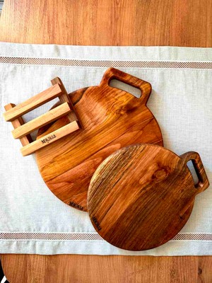 Mekwood Ahşap Kızılağaç Çanta Kulp Ikili+Standlı Kesme Tahtası