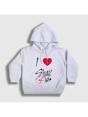 Presmono Unisex Çocuk Beyaz I Love Stray Kids Kapüşonlu Sweatshirt