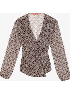 Retro Geometrik Desenli Kruvaze Bağlamalı Bluz Kahverengi