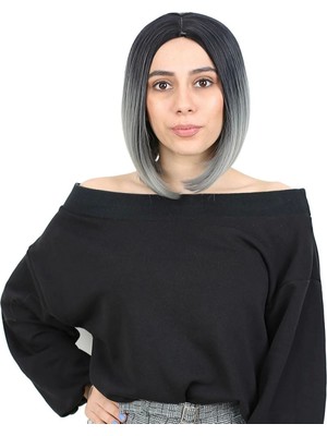 MiraLive Kahkülsüz Düz Kısa Fiber Sentetik Peruk - Siyah / Gri Ombreli