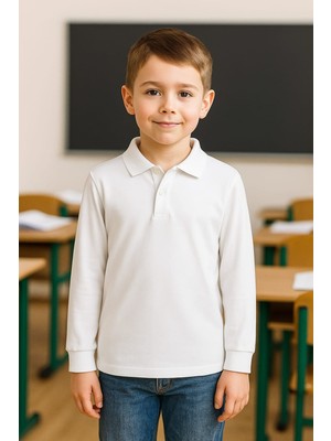 Beyaz Okul T-Shirt , Beyaz Uzun Kollu Polo Yaka Kız Erkek Çocuk Unisex Okul Tişörtü