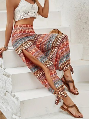 Ag Shoppings Kadın Yüksek Belli Yanlardan Yırtmaç Detaylı Desenli Bürümcük Pantolon