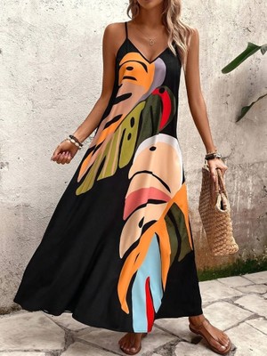 Gökyüzü Moda Kadın Ip Askılı V Yakalı Desenli Süprem Maxi Elbise