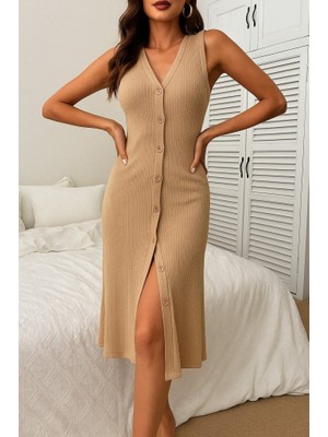 Arben Boutique Kadın V Yakalı Önden Düğmeli Kaşkorse Elbise