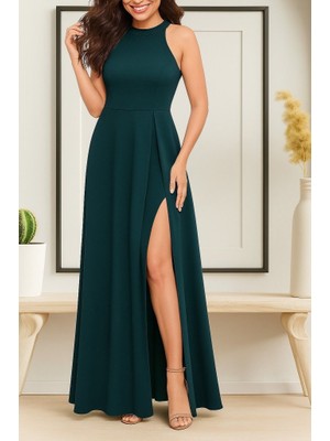 Arben Boutique Kadın Kolsuz Halter Yaka Derin Yırtmaç Detaylı Tam Boy Ithal Krep Elbise