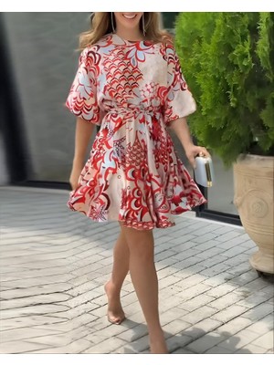 Gökyüzü Moda Kadın Kısa Balon Kollu Yuvarlak Yakalı Pileli Desenli Mini Elbise