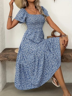 Melenza Kadın Kısa Kollu Gipe Detaylı Desenli Midi Süprem Elbise