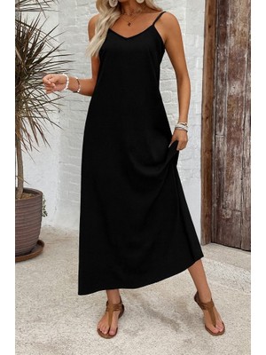 Tua Moda Kadın Ip Askılı Geniş V Yakalı Desenli Süprem Elbise