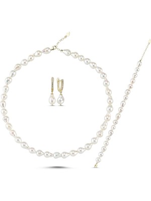 Sıralı Damla Doğal Inci Kolye Bileklik Küpe Üçlü Set