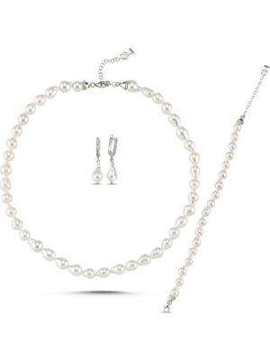 Sıralı Damla Doğal Inci Kolye Bileklik Küpe Üçlü Set