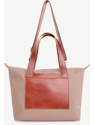 Cep Detaylı Deri Garnili Büyük Boy Omuz Çantası