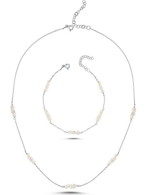 Zincirli Çıtır Doğal Incili Kolye Bileklik Ikili Set