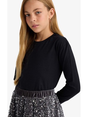 DeFacto 	Kız Çocuk Bisiklet Yaka Basic Düz Uzun Kollu Okul Tişörtü U6810A625AU