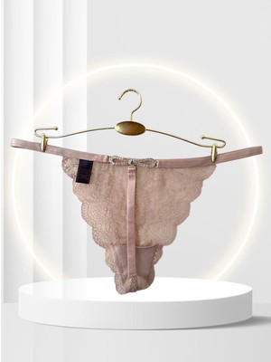 Intive Vs Dantelli Arkası Parlak Taşlı Tasarım Kurdeleli G-String (Bej-Siyah-Beyaz)