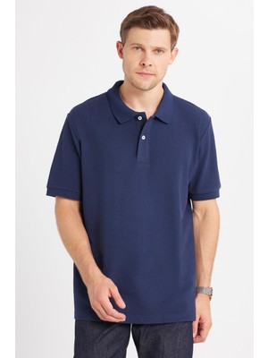 Erkek Regular Fit Klasik Kesim Pamuklu Yumuşak Dokulu Serin Tutan Kumaş Düz Lacivert Polo Yaka Tişört